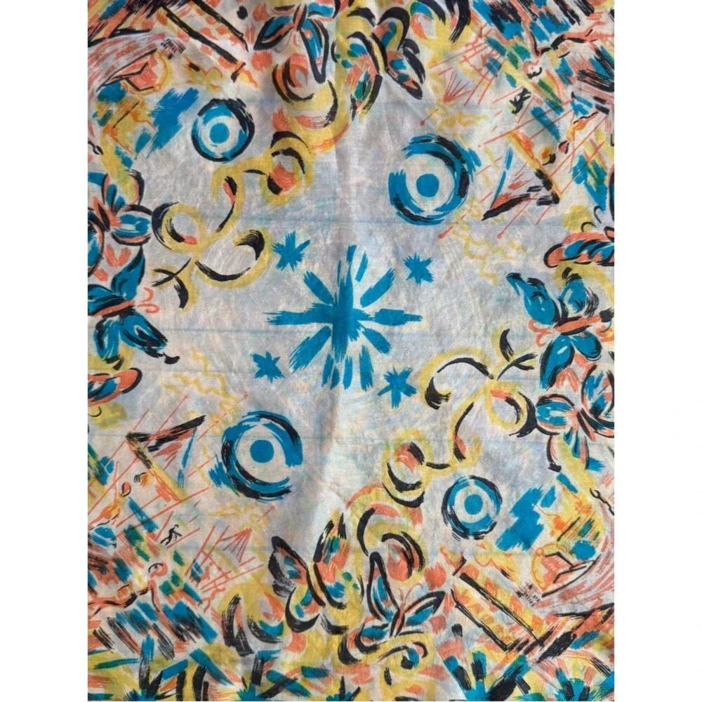Vintage Japanese beach water painted scene Silk Scarf  blue white yellow boat